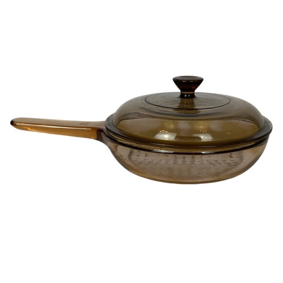 Vintage Vision Corning 7 inch Amber Glass Skillet Waffle Bottom Pyrex Lid - Picture 4 of 9